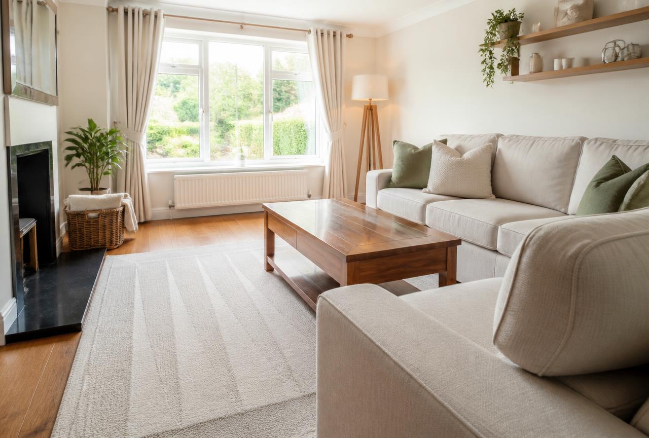 Cleaner dusting shelves in a bright Cork living room during a general house clean